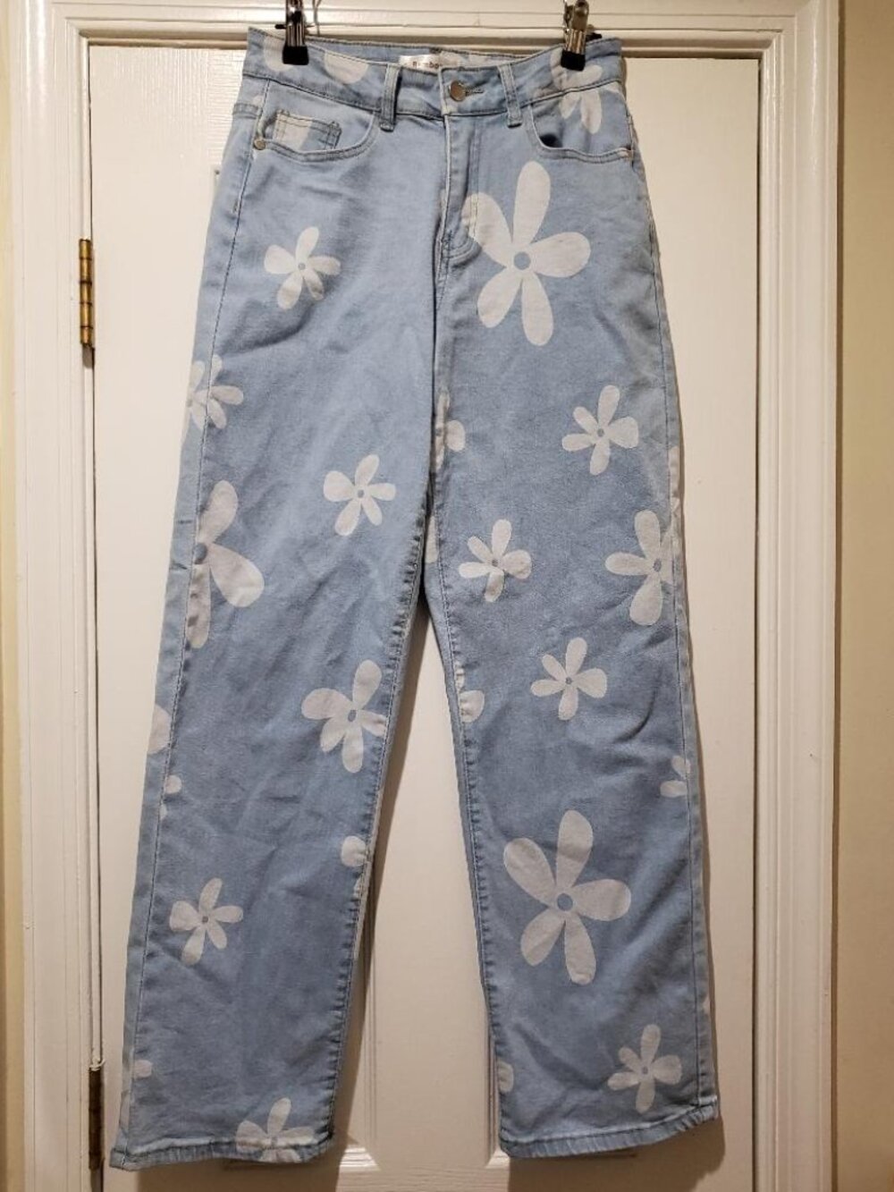 BAMBOO Light Blue Straight Leg Jeans with White Daisy Print
